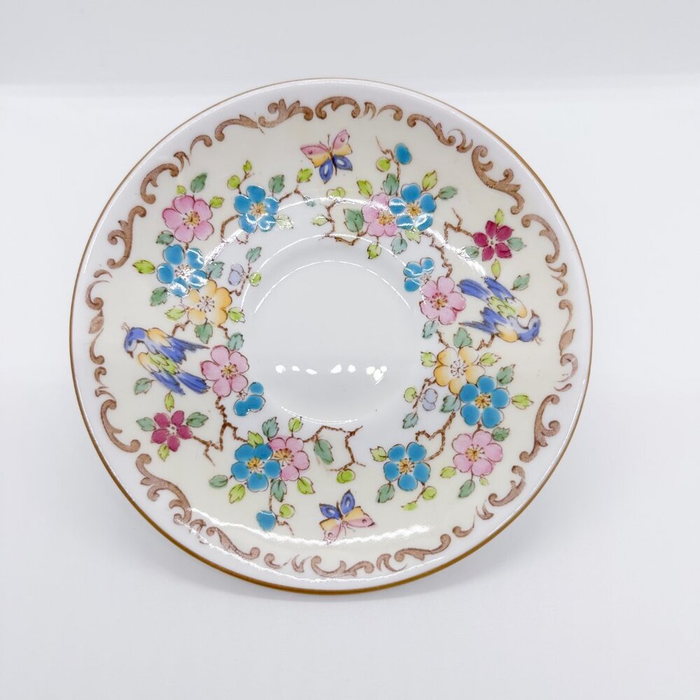 SOLD Vintage Staffordshire England China Mini Plate Trinket Dish Flowers Birds